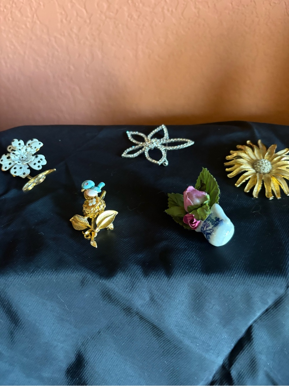 Source Unknown Gold Tone Floral Brooches with Pink Porcelain Rose Accent